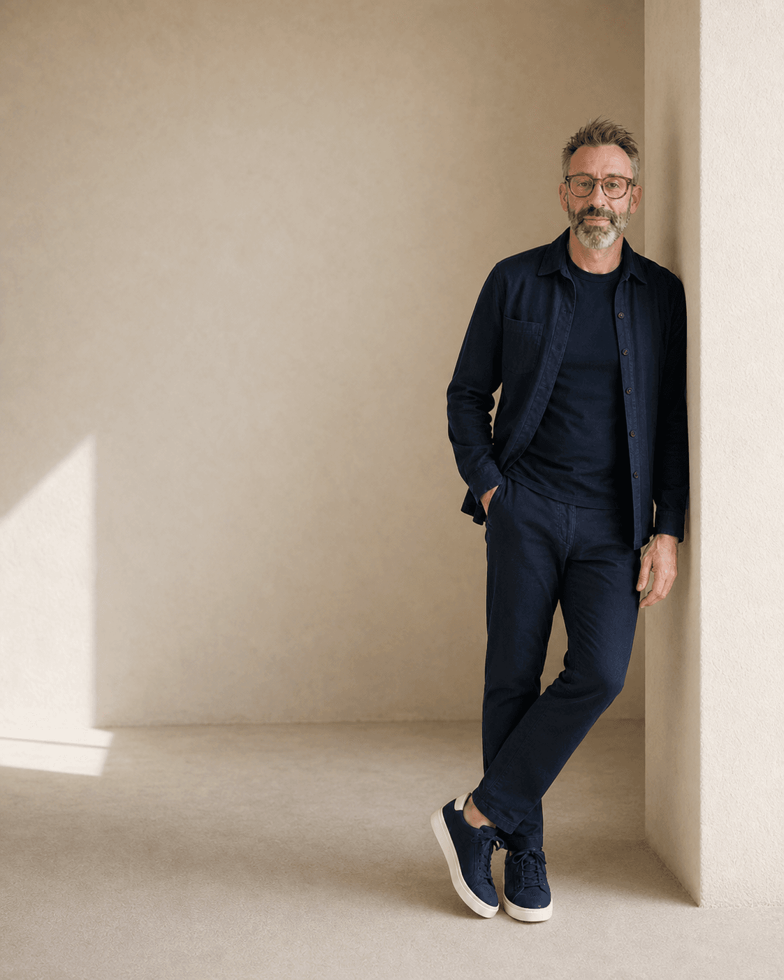 Sam Klein wearing a navy overshirt, leaning casually against a wall